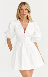 Puff Sleeve Poplin Dress in White